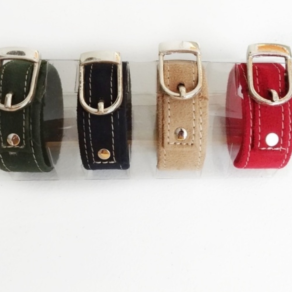 Pier 1 Novelty Suede Red, Blue, Green & Tan Watch Band Napkin Ring Holders
